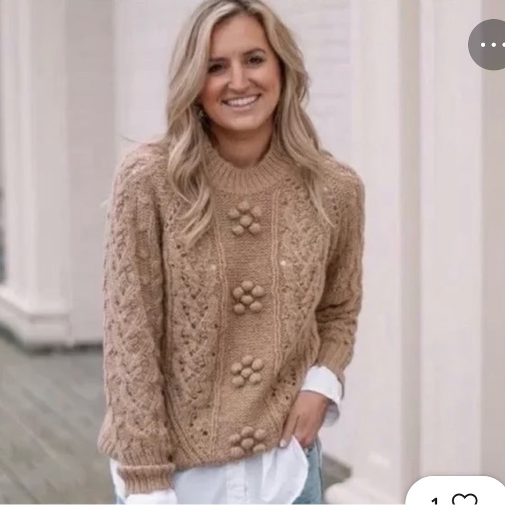 JCrew Cozy Cable-Knit Pom-Pom Sweater - Tan